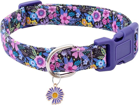 Faygarsle Cotton Dog Collar Cute Dog Collars for Small Medium Large Dogs Purple Floral Colored Options Soft and Fancy Pet Collars for Girls Flower Pattern for Girl Dog Collar M