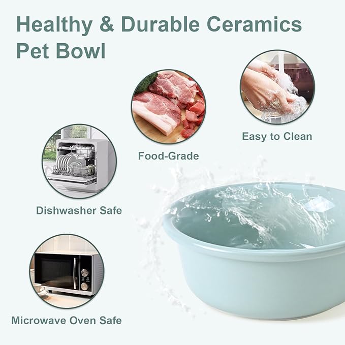 SPUNKYJUNKY Ceramic Elevated Tilted Dog Bowls Bone-Shaped Raised with 2 Height Iron Stand, 5.9'' Dog and Cat Food Water Bowls Set Non-Slip for Small Sized Breed - 13.5 OZ,Light Green