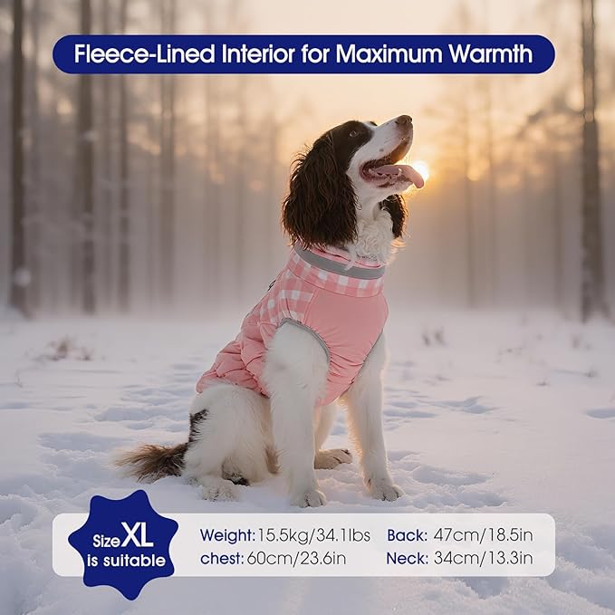 FUAMEY Dog Coat for Small Dogs,Waterproof Dog Winter Jacket with Harness Built in Puppy Cold Weather Coats Reflective Pet Vest with Zipper Warm Fleece Dogs Snowsuit Windproof Pink Plaid S
