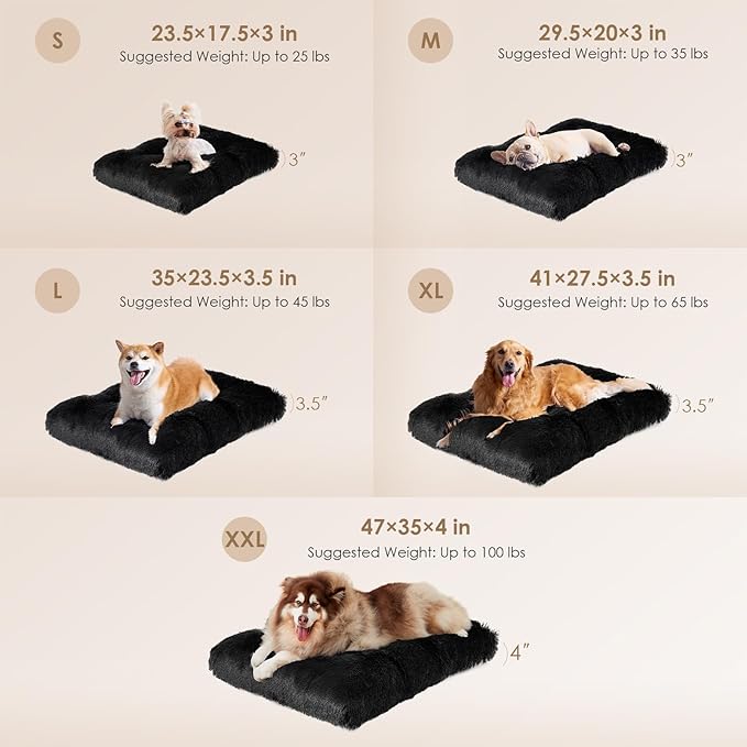 EHEYCIGA Fluffy XXL Dog Crate Pad, Plush Faux Fur Dog Bed for Extra Large Dogs, Calming Anti Anxiety XXL Bed, Washable Soft Warm Crate Mat with Non-Slip Bottom, Black