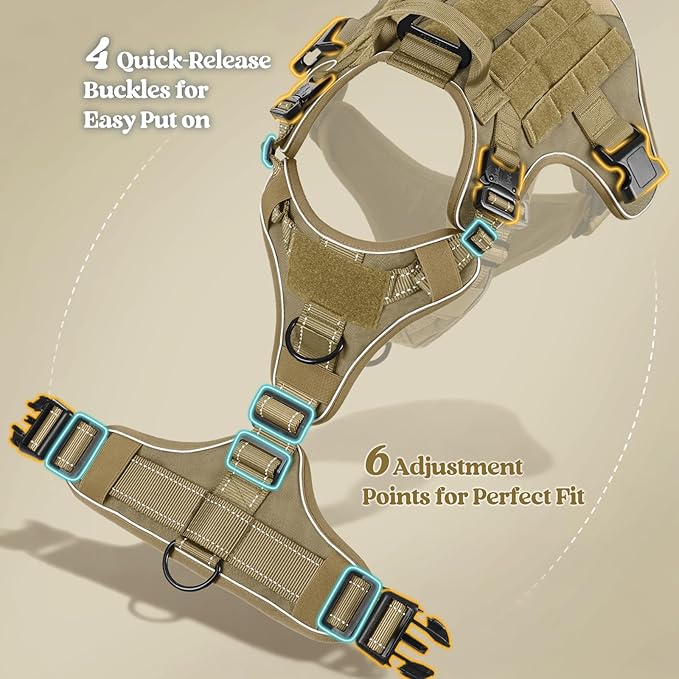 rabbitgoo Tactical Dog Harness for Extra Large Dogs, No Pull Upgraded Reflective Heavy Duty Molle Vest with Handle, Adjustable Military Service Dog Vest for Walking Hiking Training, Brown, XL