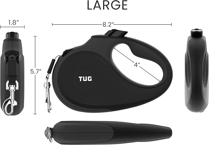 TUG 360° Tangle-Free Retractable Dog Leash with Anti-Slip Handle | 16 ft Strong Nylon Tape | One-Handed Brake, Pause, Lock (Large, Black/Grey)