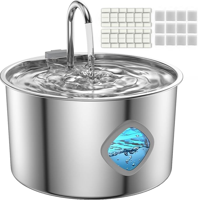 Cat Water Fountain Stainless Steel with 12 Filters Kit [3.2L/108oz] Automatic Water Dispenser with LED Water Level Window, Easy to Clean Metal Pet Drinking Fountain for Kitty to Large Cats Indoor