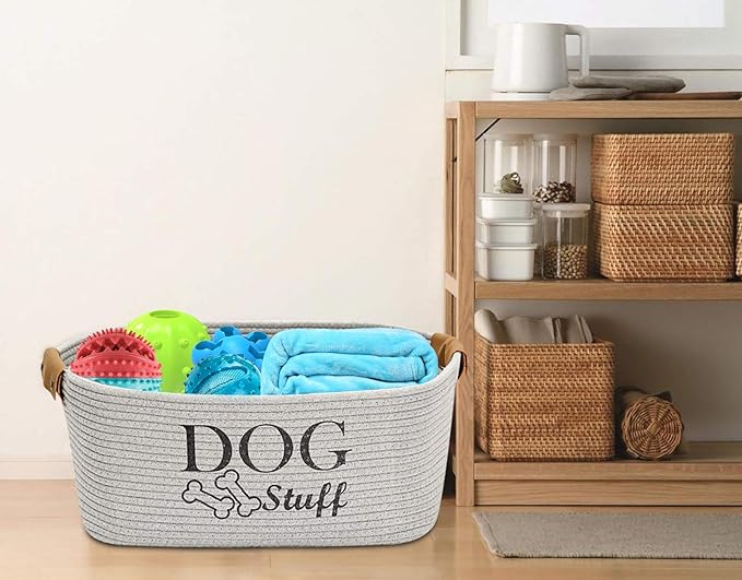 Durable Cotton Rope Dog Toy Storage, Large Dog bin, pet Bed, Puppy Toy Box - Perfect for organizing pet Toys, Blankets, leashes, Clothing and Any Doggie Stuff - Gray