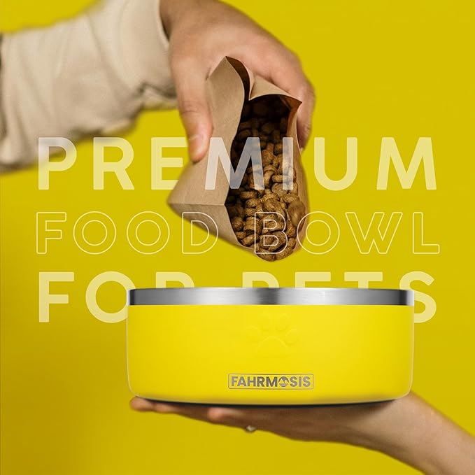 32 Oz Dog Bowl with Slow Feeder Insert Stainless Steel Pet Water Bowl for Medium & Large Breed Non Slip Rubber Base & Plastic Puzzle Feeder - Yellow