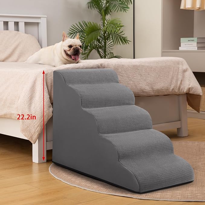 5-Step Dog Stairs and Ramp for High Bed, Non-Slip Sturdy Pet Steps for Small Dogs and Cats,22.2" H,Grey
