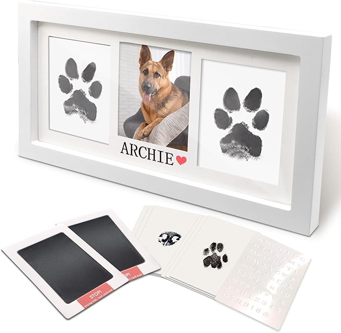 MYPAWLETS Extra Large Inkless Paw Print Stamp Pad for Dog &Paw Print Frame,Cat Dog Paw Print Kit,2 Clean Touch Ink Pads,Pet Paw Print Impression Kit with Wooden Frame,Personalized Paw Print Gift-White