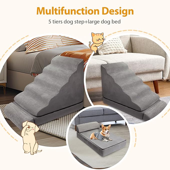 Dog Stairs/Steps for High Beds up to 30-36 inches, 30 Inch Height Pet Steps for Small Dogs/Old Pets, 30D Foam Dog Ladder for Large Dogs, Non-Slip Dog Ramp for Bed, Grey