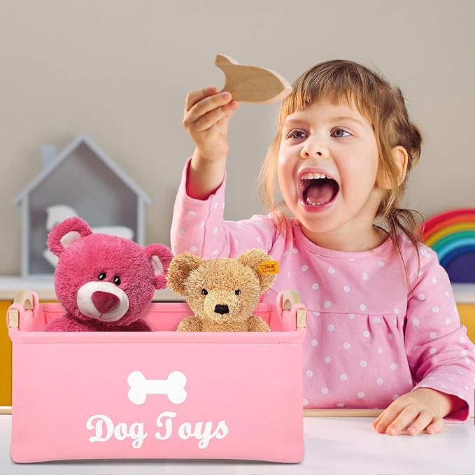 Pet Toy Storage Box Felt Organizer with Wooden Handles 15.35 Inch Square Container for Household Pet Toy Collection and Sundries Storage