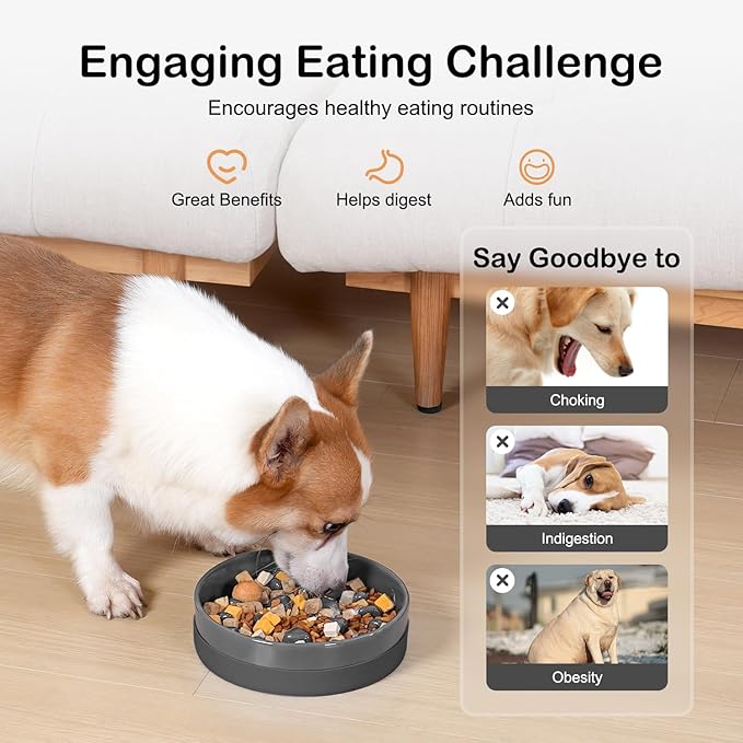 Sted Ceramic Slow Feeder Dog Bowls with Silicone Base, Slow Feeding Dog Bowl Small Medium Breed, Dog Food Bowls for Fast Eaters, Slow Down Eating, Puzzle Dog Food Bowl, Maze Grey