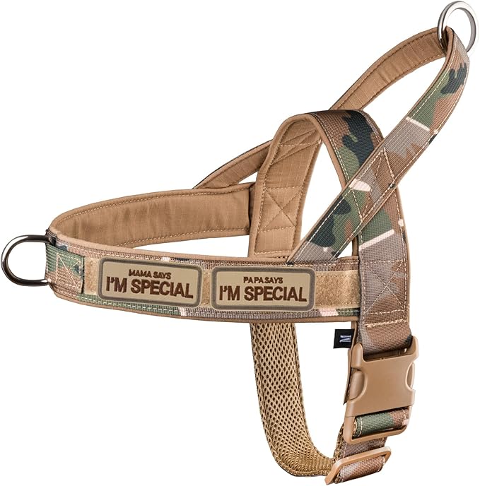 No Pull Dog Harness for Small Medium Large Sized Dogs, Escape Proof Adjustable Dog Harnesses with 2 Patch, Green Camo, S