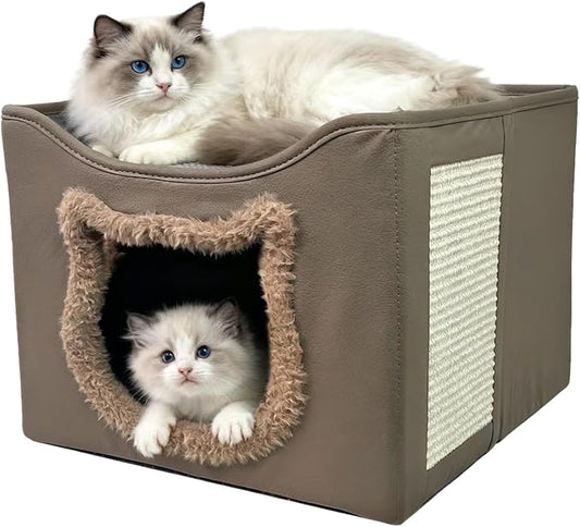 Cat Beds for Indoor Cats, Large Cat Houses with Cozy Condo,with Premium Tech Fabric& Scratch Pad, Round Window, Foldable Indoor Cat House Hold Up to 30LBS, with Reversible Cushion for Multi Small Pet