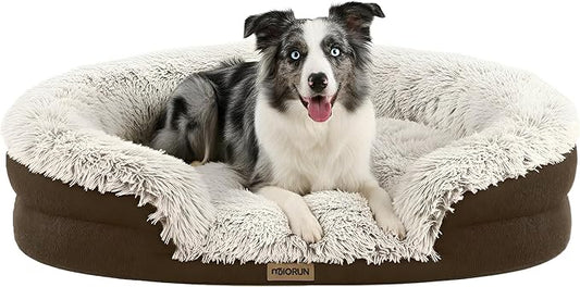 Fluffy Orthopedic Dog Bed for Medium & Large Dogs, Calming Plush Sofa Bed with Curved Bolster Support and Egg-Crate Foam Base, 43" Cozy Oval Pet Donut Bed with Washable Cover, Coffee