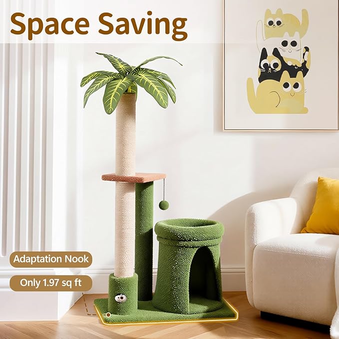 Cat Tree Tower Scratching Post Stand for Indoor, 41" Compact Palm Tree Kitten House Condo with Cozy Bed for Small Cats, Space Saving Design, Supports Climber Scratch Playing and Rest