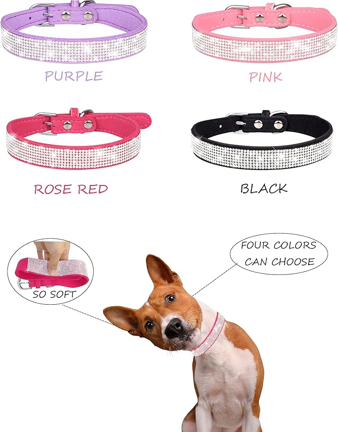 Dog Collar for Medium Dogs, Adjustable Leather Suede Bling Dog Collars，Rose Red Dog Collar Cat Collar, Rhinestone Dog Collar (M, Purple)