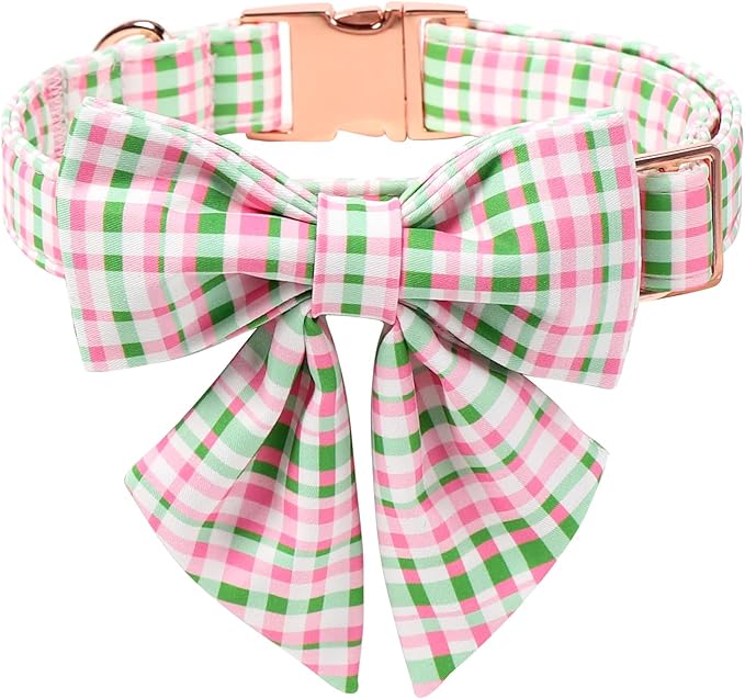 Maca Bates St. Patrick's Day Irish Plaid Dog Collar with Sailor Bow Tie,Cherry Pink Green Gingham Pattern for Extra Large Girl Boy Dogs,Adjustable Durable Soft Collars Gift for Male Female Puppy