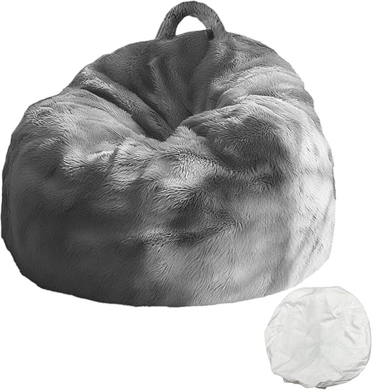 Upgrade 4FT Fluffy Bean Bag Chair Cover – Soft Velvet Storage Sofa, DIY Floor Chair or Bed for Kids & Adults, Machine Washable, Durable Zipper, Fillable with Clothes or Foam, No Fillers, Light Gray