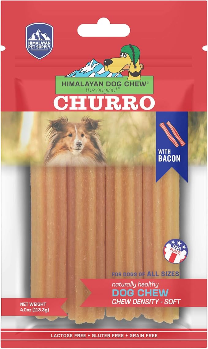 Himalayan Dog Chew Churro Yak Cheese Dog Chews, 100% Natural, Long Lasting, Gluten Free, Healthy & Safe Dog Treats, Lactose & Grain Free, Protein Rich, For All Breeds, Soft, Real Bacon Flavor, 4 Pack