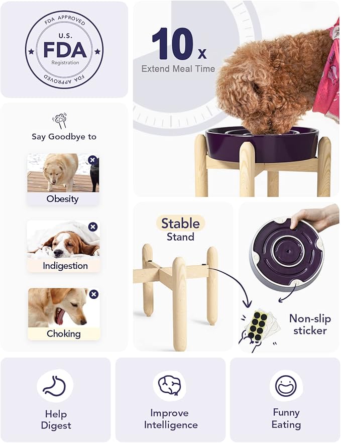 LE TAUCI Ceramic Slow Feed Dog Bowls, Elevated for Small and Medium Breed Dogs, Anti-Gulping Pet Feeding Dishes, Maze Purple, 1.5 Cups