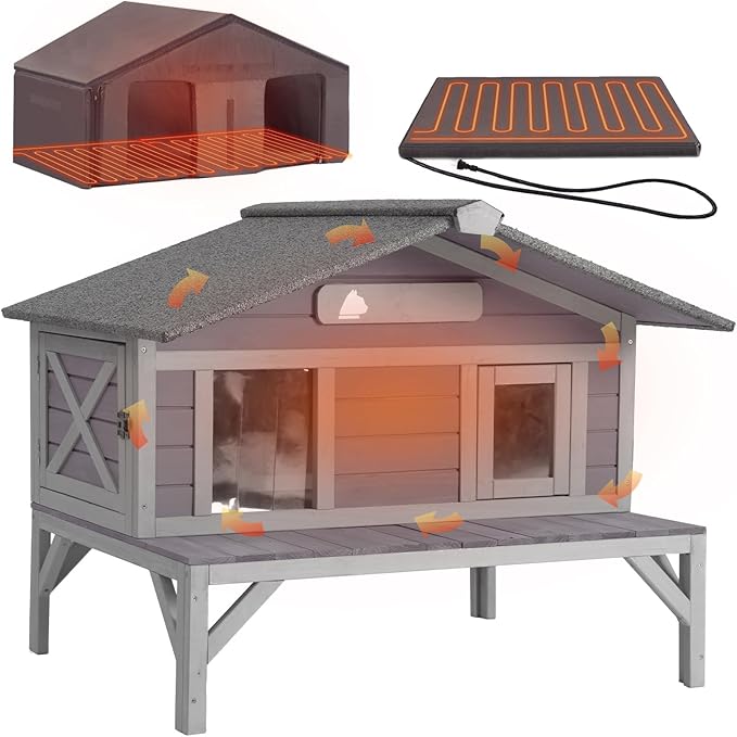 GUTINNEEN Heated Cat House for Outside Outdoor Cat House Insulated with Heated Pad, Insulated Liner, Large Wooden Shelter with Large Porch and Two Escape Doors for Multiple Cats, Grey