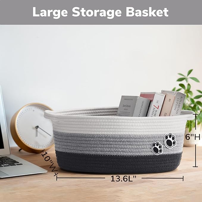Dog Toy Basket Gift Basket Empty, Woven Storage Baskets for Towels, Cute Dog Storage Bins with Handles, Small Cotton Rope Baskets for Shelf, 13.6"x 10" x 6", Mixed-Gray
