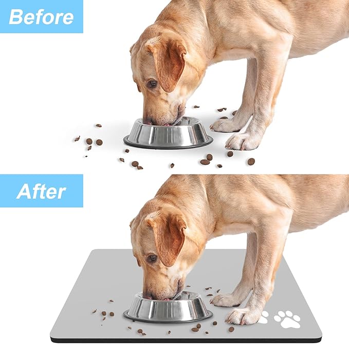 Rnivvi Dog Food Mat, 12" x 19" Footprint Absorbent Dog Cat Bowl Mat for Food and Water, Cute Anti-Slip Rubber Pet Feeding Rug Protect Floors, Puppy Placemat for Feeding & Watering Supplies, Gray