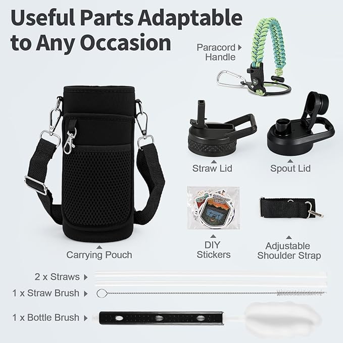 32 oz Insulated Water Bottle with Straw (Cold for 48 Hrs), Stainless Steel Triple Wall Vacuum Sports Water Jug, Leakproof Hydro Cup Flask with Paracord Handle & Straw Spout Lids & DIY Stickers