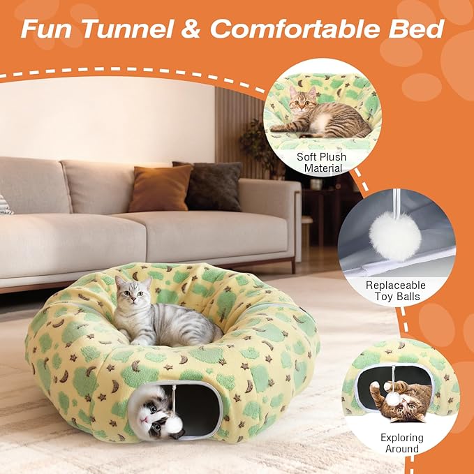 Cat Tunnels for Indoor Cats, 35'' Plush Cat Tunnel Bed with Playful Ball and Circle Cushion, Multifunctional Peekaboo Cat Cave, Interactive Toy Gift for Cats, Kittens, Rabbits, Yellow&Cloud