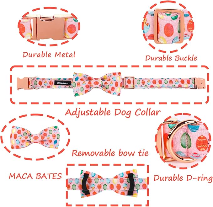 Maca Bates Easter Day Dog Collar with Fancy Bow Tie for Small Girl Boy Dogs, Pink Easter Egg,Chick Pattern,Adjustable Durable Soft Breakaway Collars for Male Female Puppy