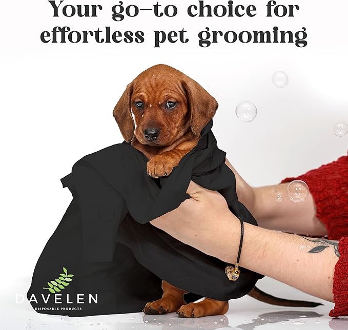DAVELEN Disposable Pet Towels (50-Pack), Super Absorbent, for Small, Medium, Large Dogs & Cats | Paws, Fur, Body Use | Bleach and Dye Free, Ecofriendly | Towels Size: 31.5" x 15.5" (Black)