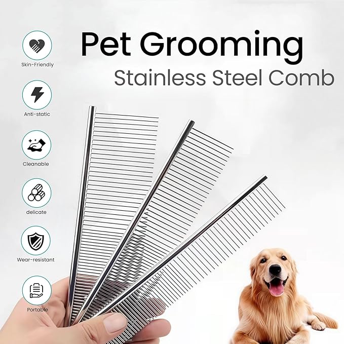 [3 Pack] Stainless Steel Pet Comb Set – Grooming Combs for Dogs & Cats, Large Medium Small Sizes – for Long, Short, Curly Hair, Detangling Matted or Knotted Undercoat Hair