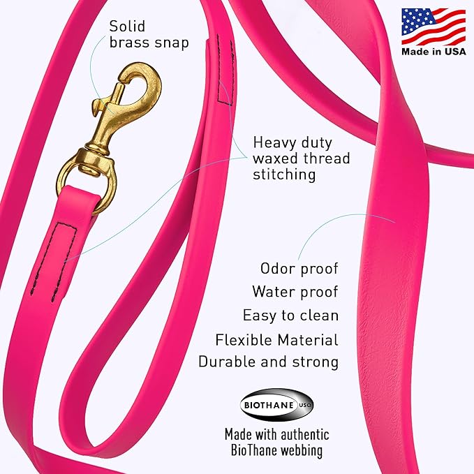 Viper Biothane K9 Working Dog Leash Waterproof Lead for Tracking Training Schutzhund Odor-Proof Long Line with Solid Brass Snap for Puppy Medium and Large Dogs, 15ft Passionfruit Pink