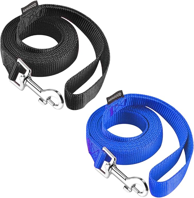 AMAGOOD 6 FT Puppy/Dog Leash, Strong and Durable Traditional Style Leash with Easy to Use Collar Hook, Great for Small, Medium and Large Dogs (3/4 in x 6 ft, Black and Blue (2-Pack))