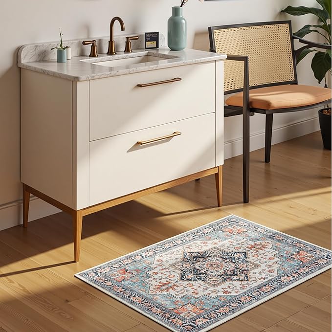 Lessymo Washable 2×3 Small Area Rugs for Entryway Bathroom, Soft Kitchen Rug Non-Slip Carpet Indoor Door Mat for Floor, Vintage Boho Low Pile Rugs for Entry Bedroom Nursery Home Decor, Orange/Blue
