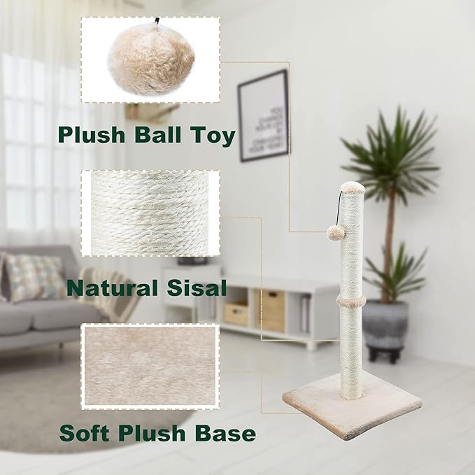 Dimaka 29" Height Tall Cat Scratching Post, Claw Scratcher with Sisal Rope and Covered with Soft Smooth Plush, Vertical Scratch [Full Strectch] for Standard Size Cats (Light Brown, 29 inches)