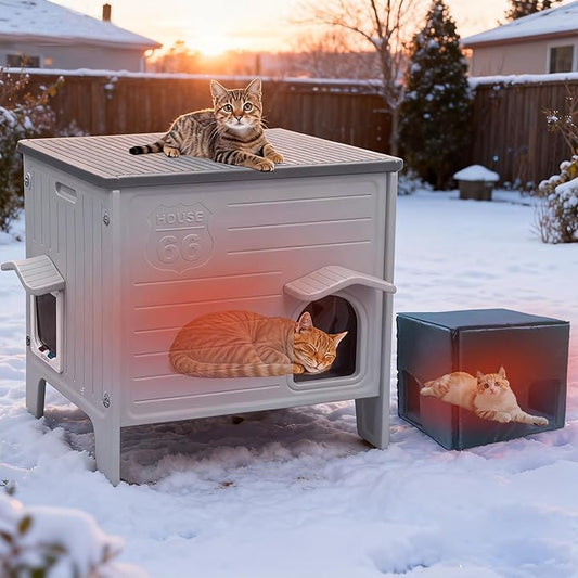 Rockever 100% Insulated Outdoor Cat House with Insulated Liner for Winter, Waterproof Feral Cat House for Outdoor Cats, Plastic Cat House for Outdoor Use with Escape Door, Clean Easily(M,Grey&Liner)