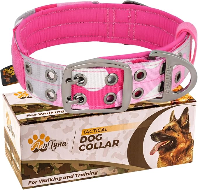 ADITYNA Heavy Duty Dog Collar for Large Dogs - Camo Pink Collar with Handle for Training, and Walking - Wide, Neoprene Padded for Large Female Dogs