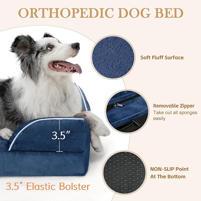 Comfort Expression Orthopedic Dog Bed for Medium Dogs 28x19 Inch, Waterproof Supportive Egg Crate Foam Medium Pet Bed with Removable Bolster, Dog Couch with Washable Cover & Non-Slip Bottom, Navy Blue