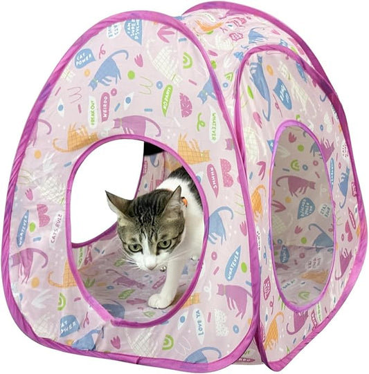 Andiker Cat Tent, 3 Holes Safe and Strong Cute Cats Tunnel Collapsible Easy to Carry Cat House for Indoor Cats Kittens Hiding Playing Training Sleeping(Tent Pink)