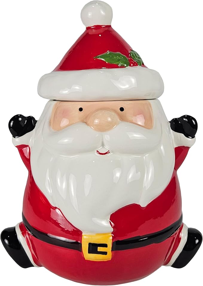 Hanna's Handiworks Jolly Santa Cookie Jar - Merry Decor for Kitchen Storage and Decoration for Holiday Parties and Everyday Use - Perfect for Home, Office, Dorm, and School