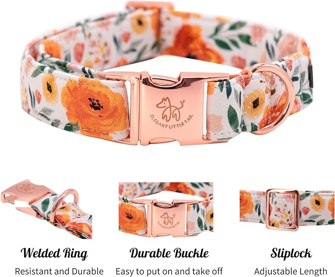 Elegant little tail Fall Dog Collar, Pet Collar Durable Orange Floral Dog Collars Male or Female Holiday Pet Gift Adjustable Dog Collar for Small Dogs