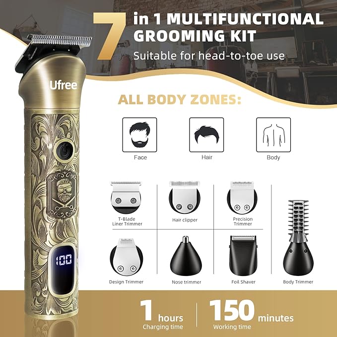 Ufree Beard Trimmer for Men, Electric Razor Shaver, Cordless Hair Clipper Shaving Kit for Mustache Body Nose Ear Hair Facial, Adjustable Beard Grooming Kit Birthday Gifts for Men