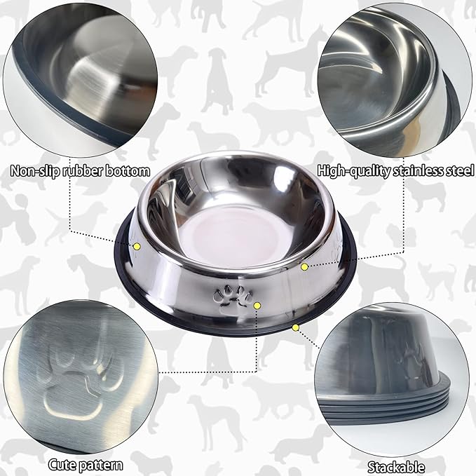 Fhiny 4Pcs Stainless Steel Dog Cat Bowl with Rubber Base Pet Food and Water Feeder Bowls Stackable Non-Slip Dish Plate for Small Medium Animals Puppy Kitten Rabbit