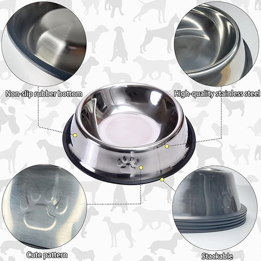 Fhiny 4PCS Stainless Steel Cat Bowls, Non-Slip Cats Water Dish with Rubber Base Stackable Pet Feeding Bowl Durable Multifunctional Replacement Whisker Fatigue Relief Plate for Kitten Puppy Small Dog