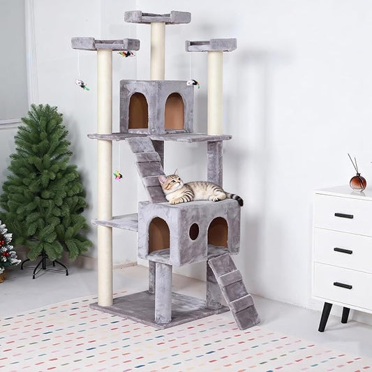 Extra Large Platform Cat Tree 69in Sturdy Cat Scratching Tree for Indoor Cats Large Adult Big Cat Perch Tower with 3 Padded Perches 5 Scratching Posts Cat Condo Hammock Gray