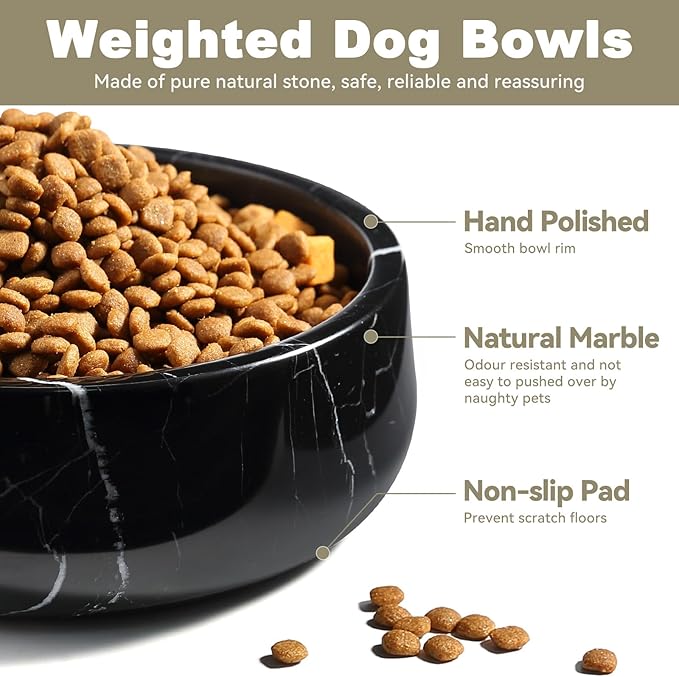 Black Marble Dog Bowl, 3.5lbs Non Slip,Non Spill Heavy Dogs Food Bowl, Large Dog Dish, Weighted Food and Water Bowls for Medium Dogs, Natural Stone Pet Bowl, Easy to Clean, Holds 4.5 Cups
