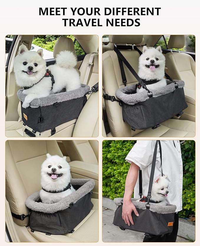 BurgeonNest Dog Carseat for Small Dog, Upgraded Console Pet Booster Seat with Metal Frame, Pet Carseat with Double Protection Seat Belts, Washable Cushion, Safety Leash and Storage Pocket(Large)