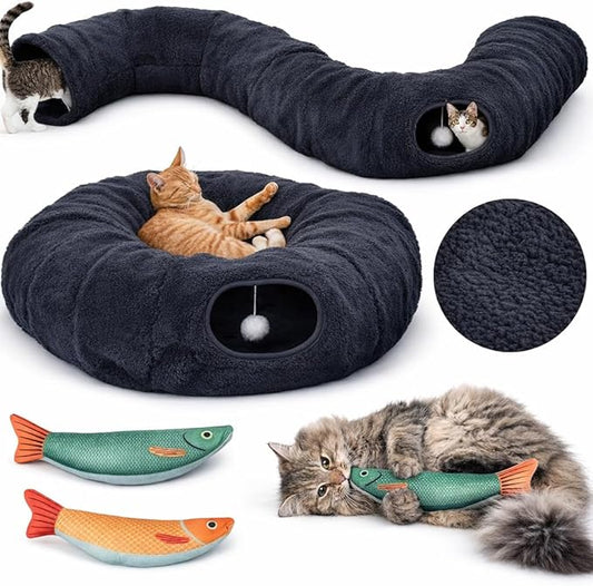 R1M Cat Tunnel Bed for Indoor Cats, Cute Cat Donut Tunnel Toys for Small, Larger Cats with Two Fish Cat Toys, Round Pet Peekaboo Cave Toy for Kitten, Dark Grey
