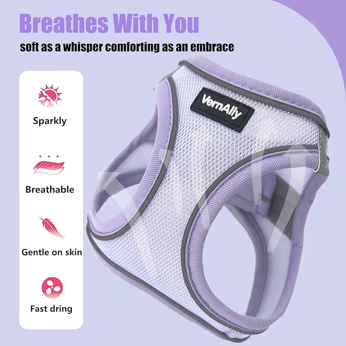 Sparkly Dog Harness Small Sized and Leash Set for Small Dogs Cats,Purple S Puppy Harness, Step in Soft Dog Reflective Vest, Breathable Mesh Pet Harness. (Purple, S)