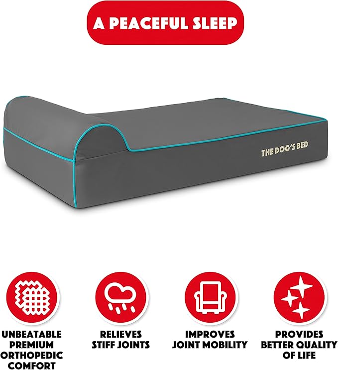 The Dog’s Bed Orthopedic Memory Foam Dog Bed with Headrest, Oxford Fabric, Grey with Blue Trim, L, 6-Inch
